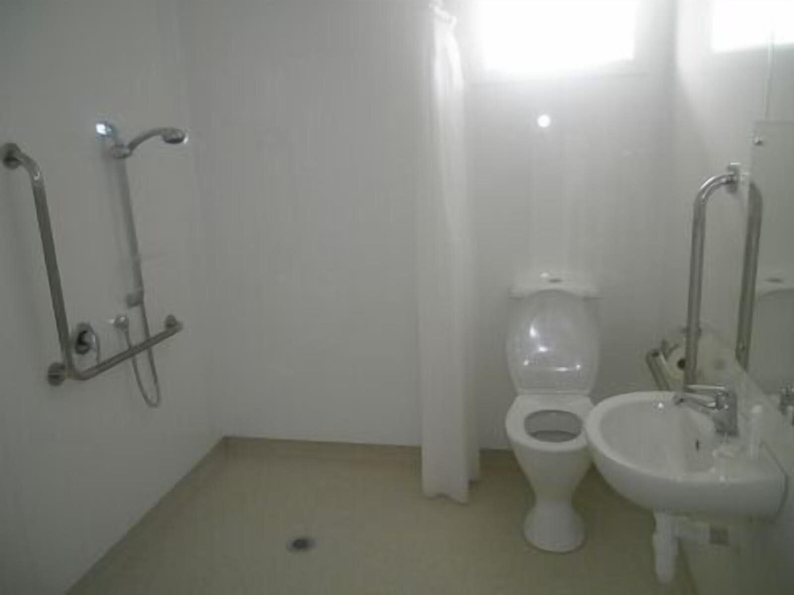 A small, white bathroom with a toilet, a sink, and a shower.
