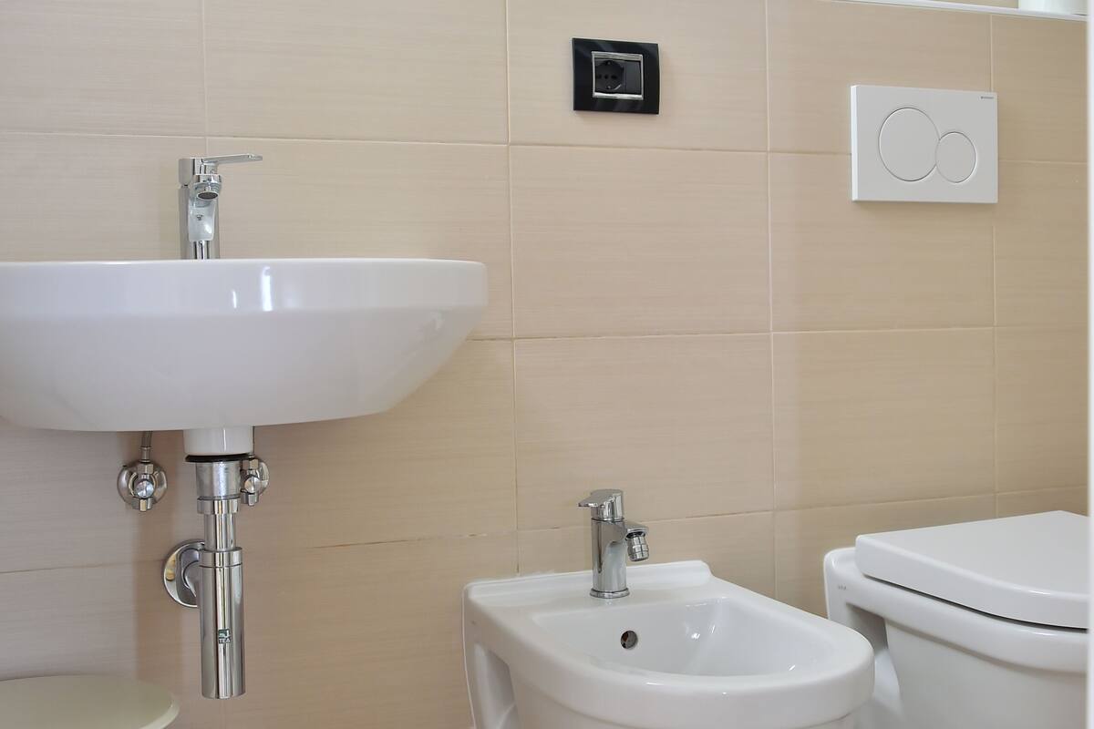 shower, hair dryer, bidet, towels