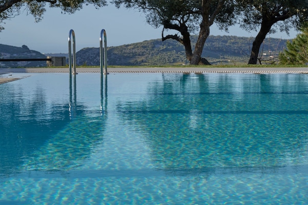 Una piscina al aire libre, sombrillas, sillones reclinables de piscina