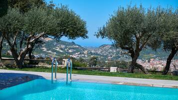 Outdoor pool, open 9:00 AM to 8:00 PM, pool umbrellas, sun loungers