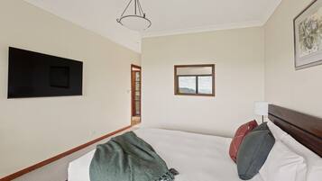 Un dormitorio con una cama, un televisor en la pared, una ventana y una puerta.