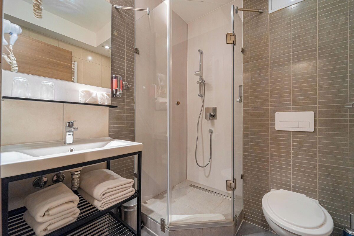 A modern bathroom with a glass-enclosed shower, a white sink, and a toilet.