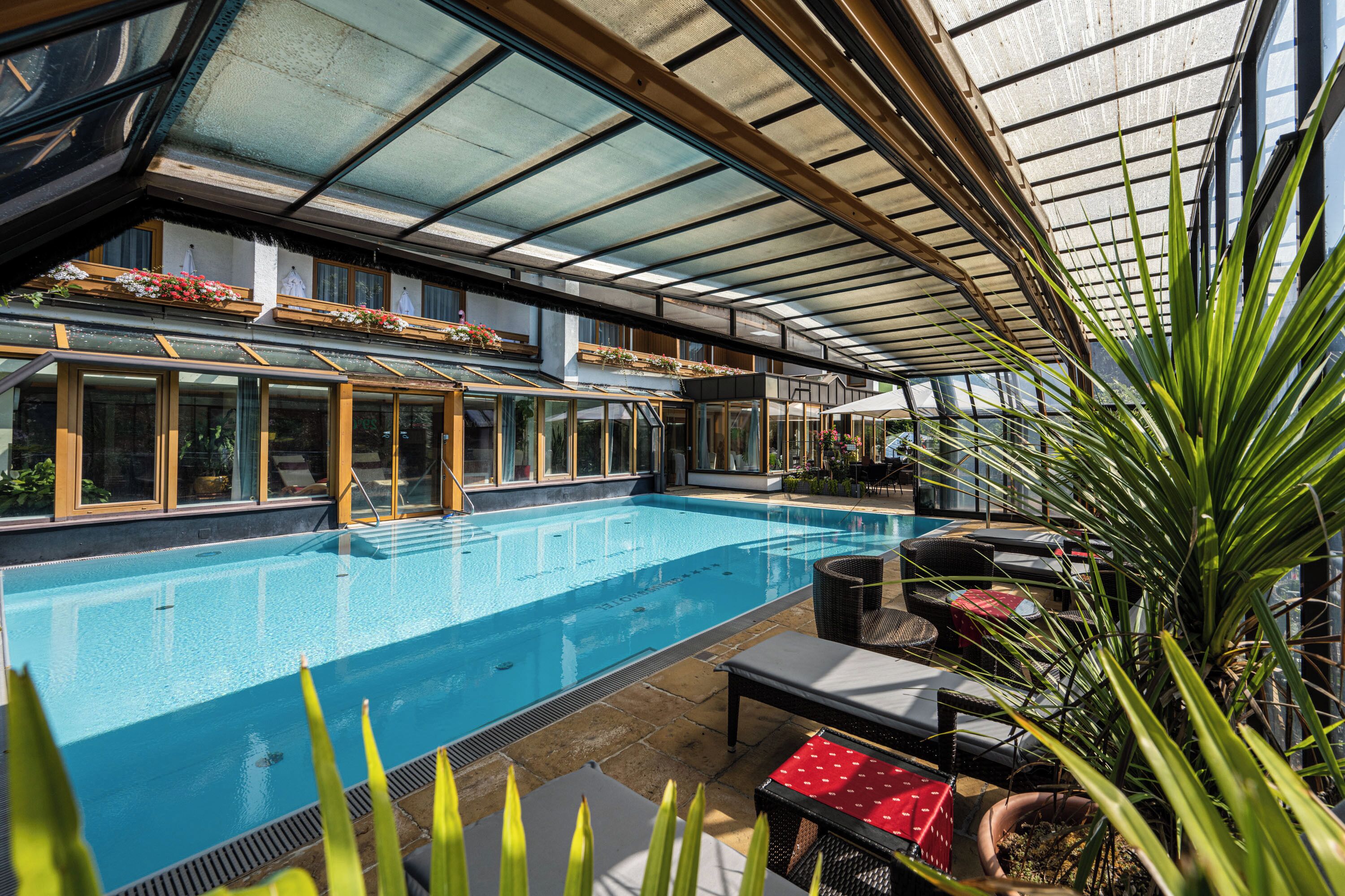 Une piscine intérieure avec des murs en verre, des chaises longues et des plantes en pot.