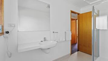 A modern bathroom with a large mirror, a sink, and a shower area.