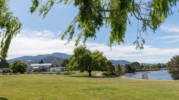 A grassy area with a large tree, a building, and mountains in the background.