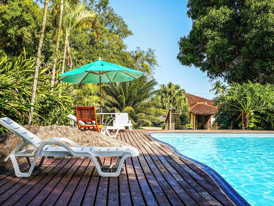 Outdoor pool, pool umbrellas, pool loungers