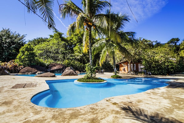 Outdoor pool, pool umbrellas, pool loungers