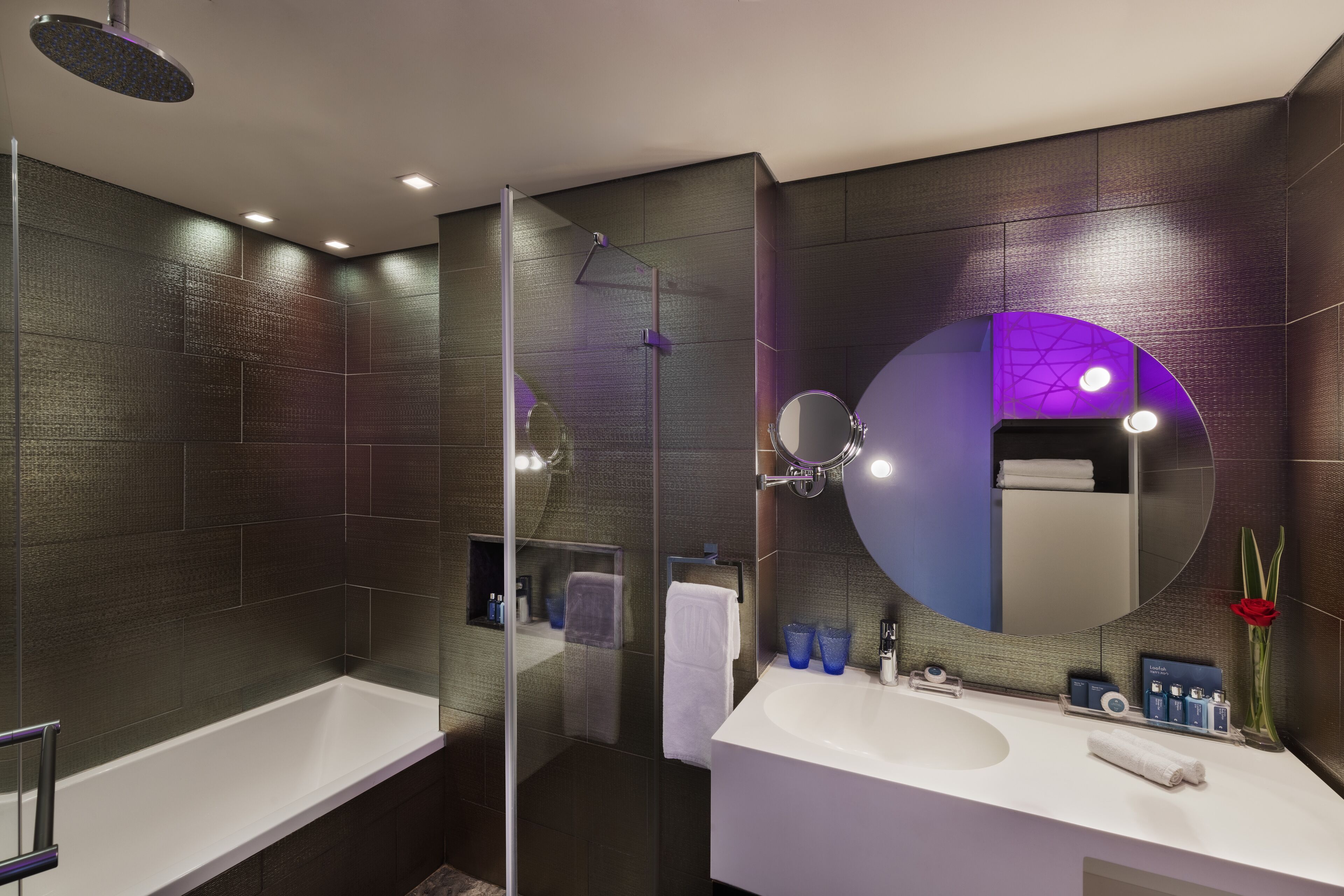 Une salle de bain moderne avec une douche à parois de verre, un grand miroir et un lavabo blanc.