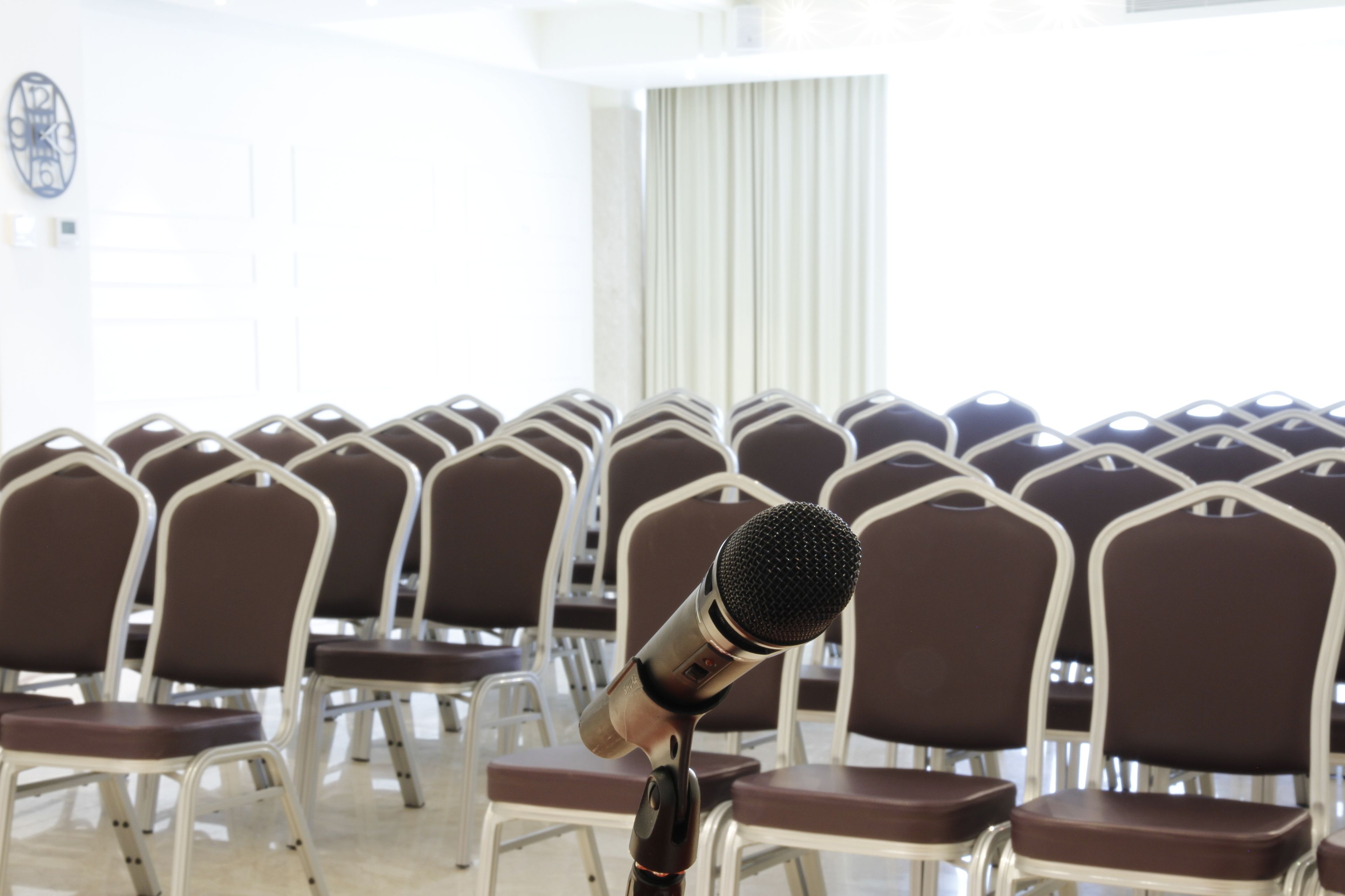 Una sala conferenze con file di sedie e un microfono in primo piano.