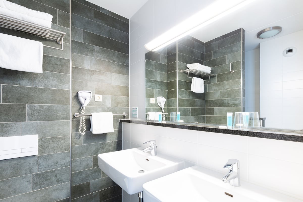 shower, free toiletries, hair dryer, towels