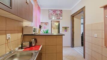 Fridge, microwave, electric kettle