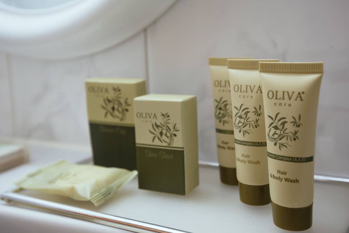 combined shower/bathtub, free toiletries, hair dryer, towels