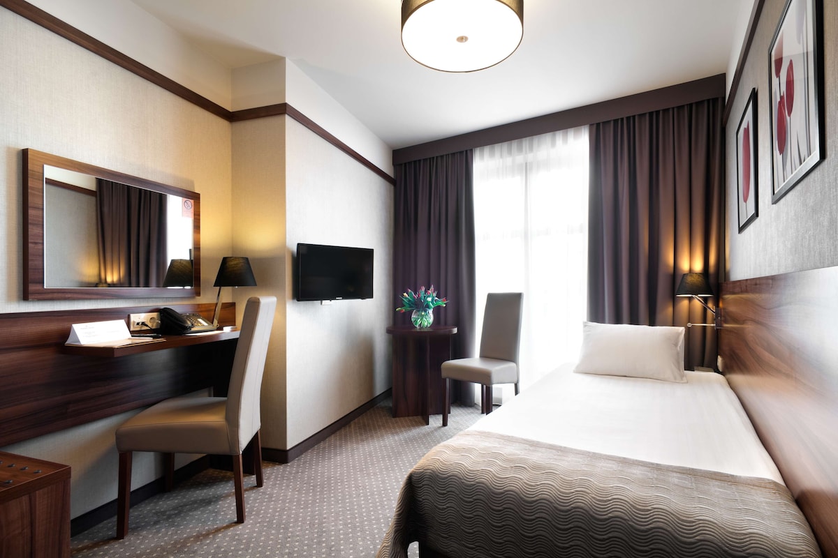 Une chambre d’hôtel comprenant un lit, un bureau avec une chaise, une télévision et une fenêtre avec des rideaux.