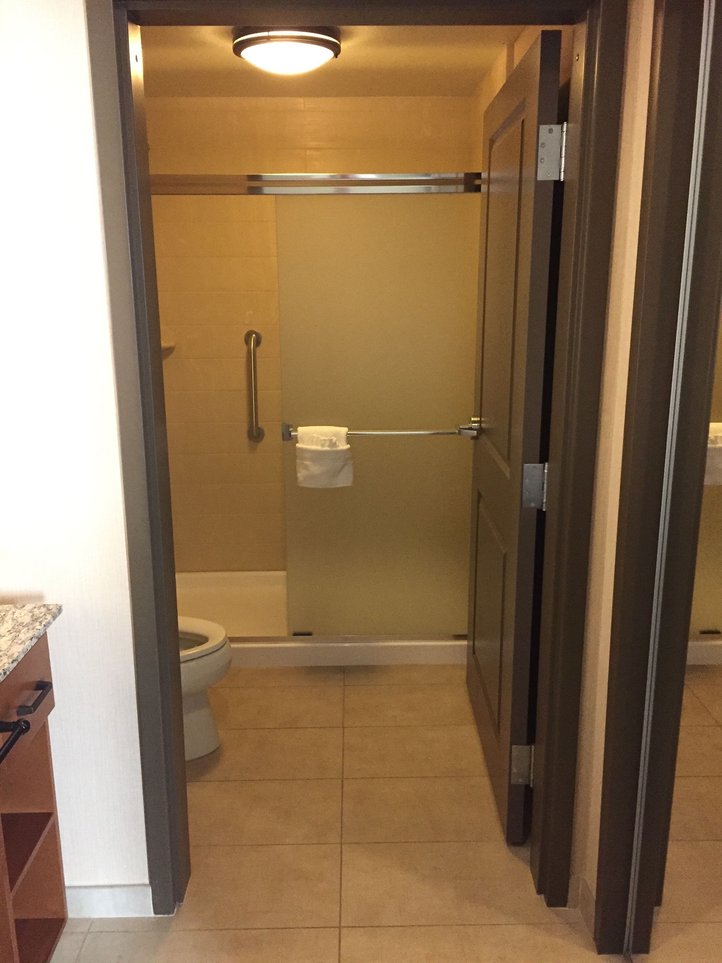 Ein Badezimmer mit Toilette, einer Duschkabine aus Glas und einem Handtuchhalter.