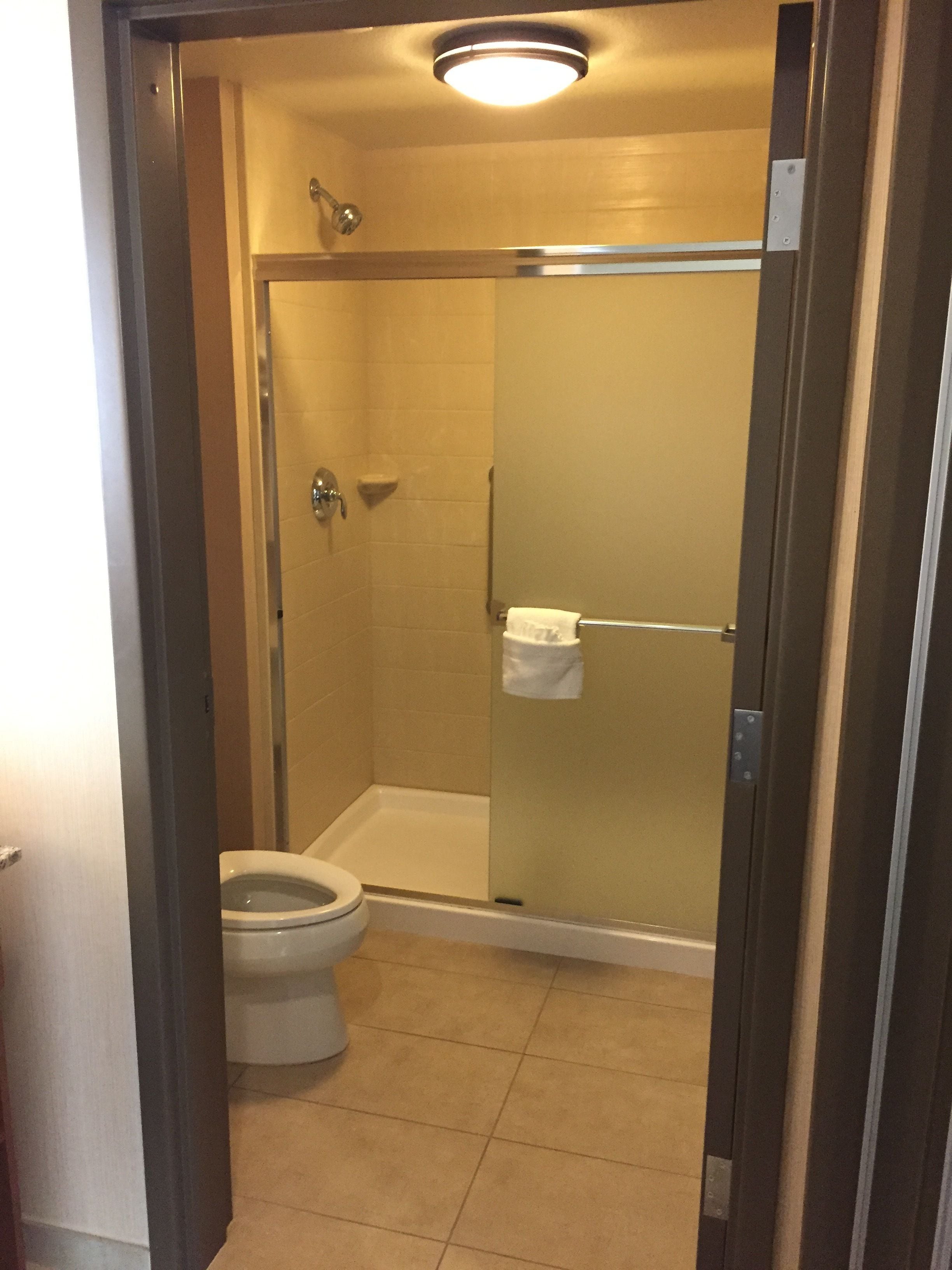 Un petit espace douche fermé, doté d’une porte en verre, de toilettes et d’un porte-serviettes.