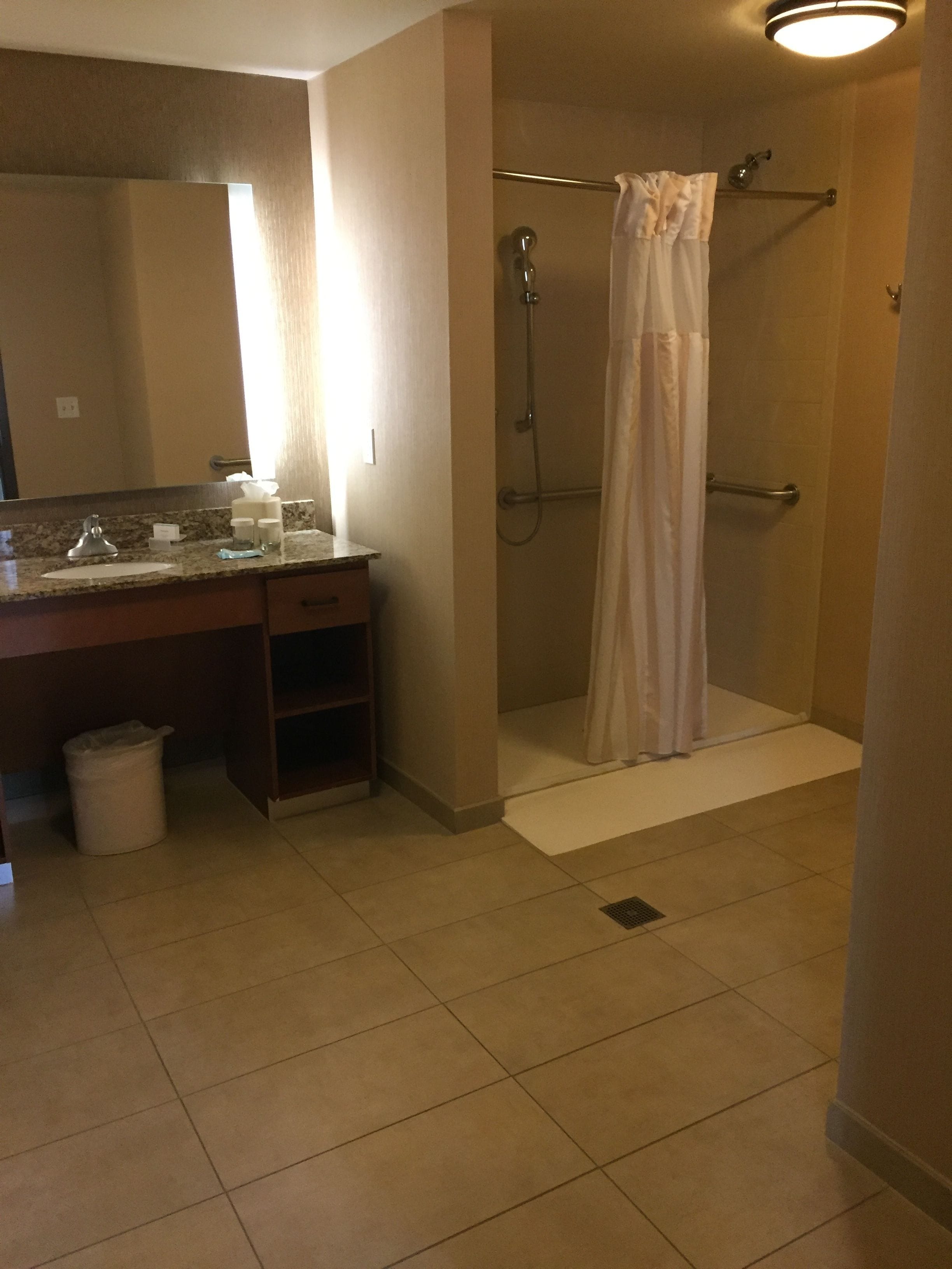 A bathroom with a sink, mirror, and shower.