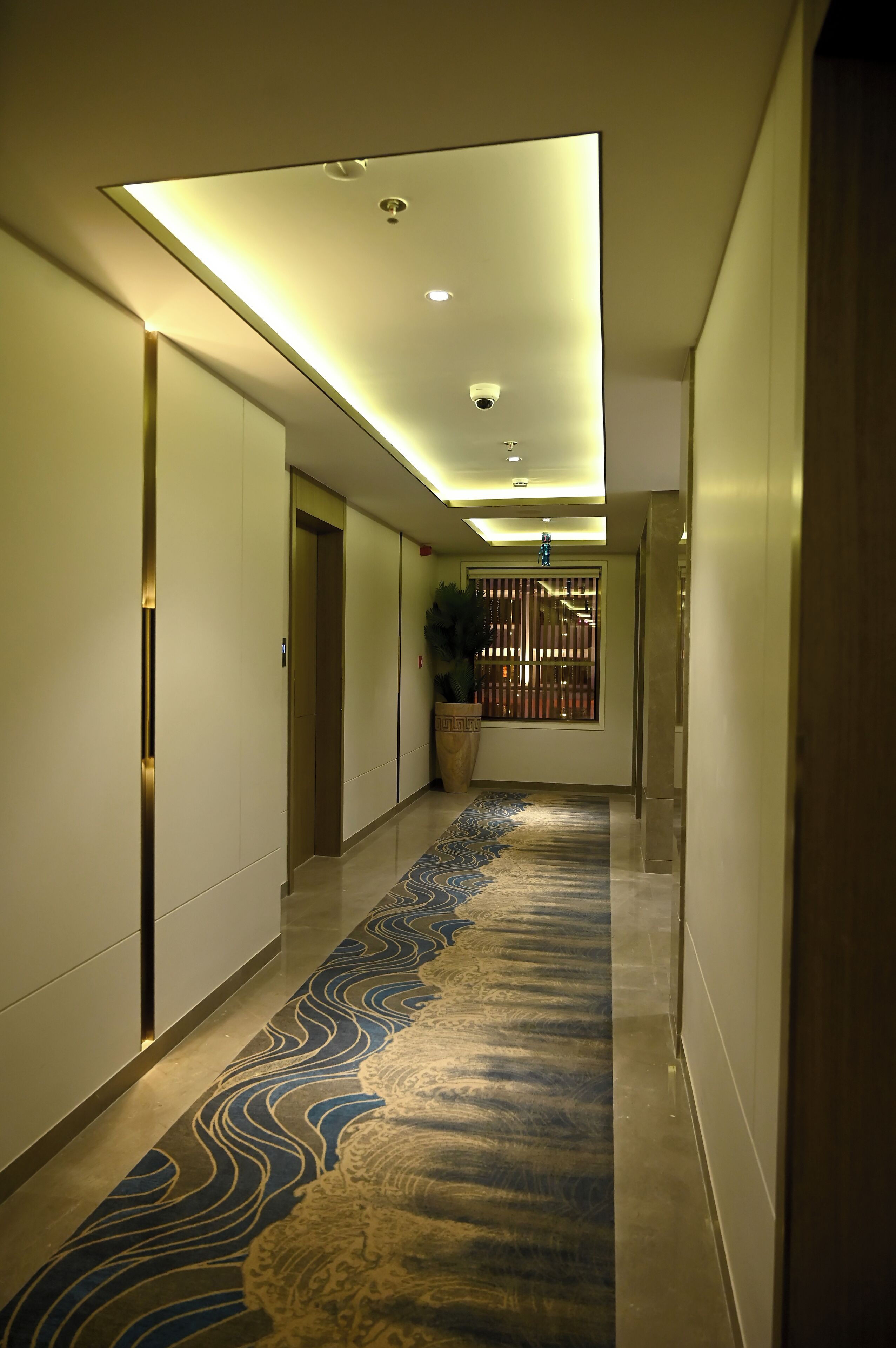 Un pasillo moderno de hotel con alfombra estampada, luces empotradas y una planta en maceta.