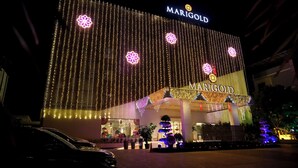 A Marigold hotel facade at night with vertical string lights and illuminated floral designs. - Marigold- Newly Renovated Hotel (Rahata)