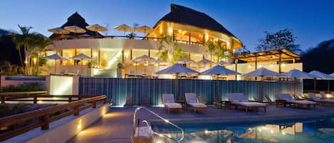 2 outdoor pools, open 9:00 AM to 9:00 PM, pool umbrellas, pool loungers