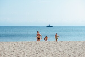 Una playa arenosa con un barco a lo lejos.
