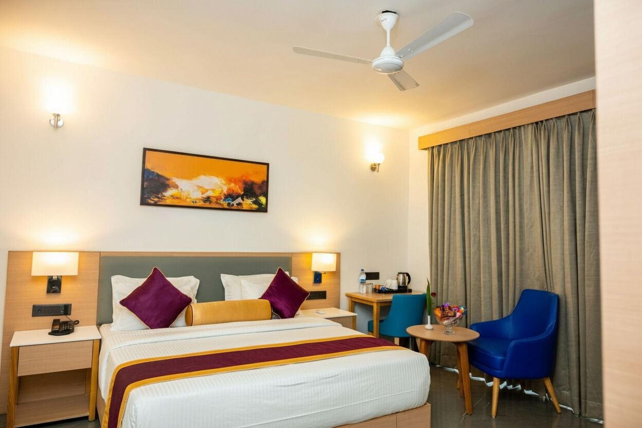 In-room safe, desk, laptop workspace, iron/ironing board