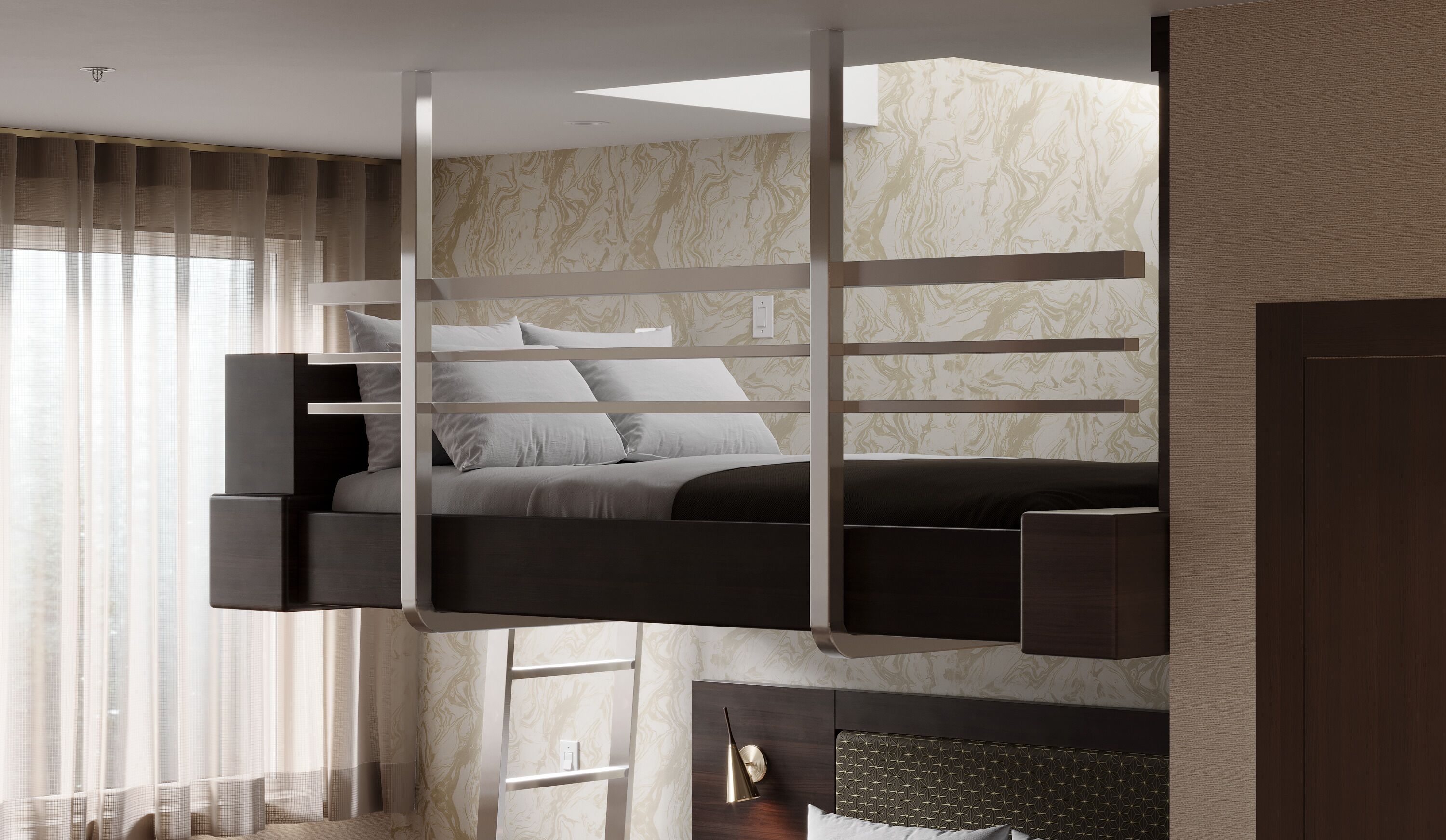 A modern bedroom with a bunk bed, a ladder, and a built-in wardrobe.