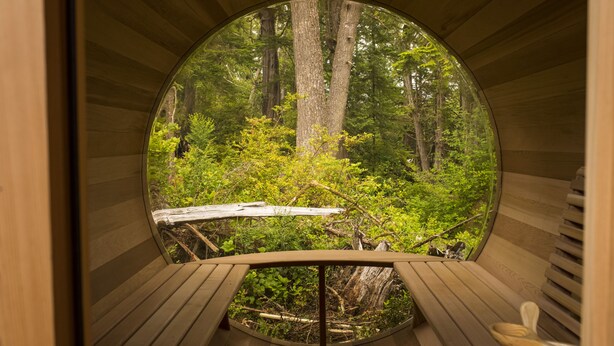 A circular wooden structure with a bench and a view of a forest. - Hotel Zed Tofino (Tofino)