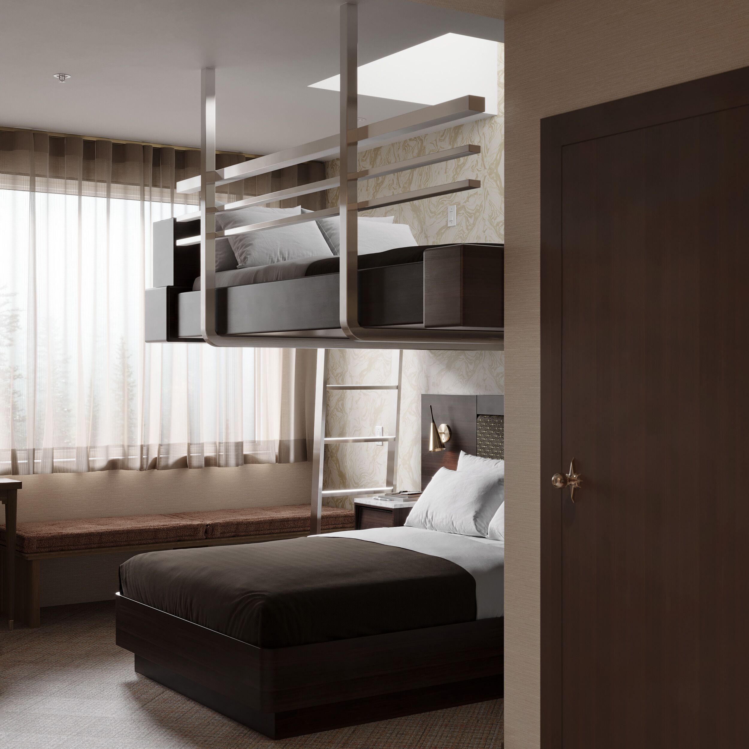 A modern bedroom with a bunk bed, a bedside table, a lamp, and a large window with sheer curtains.