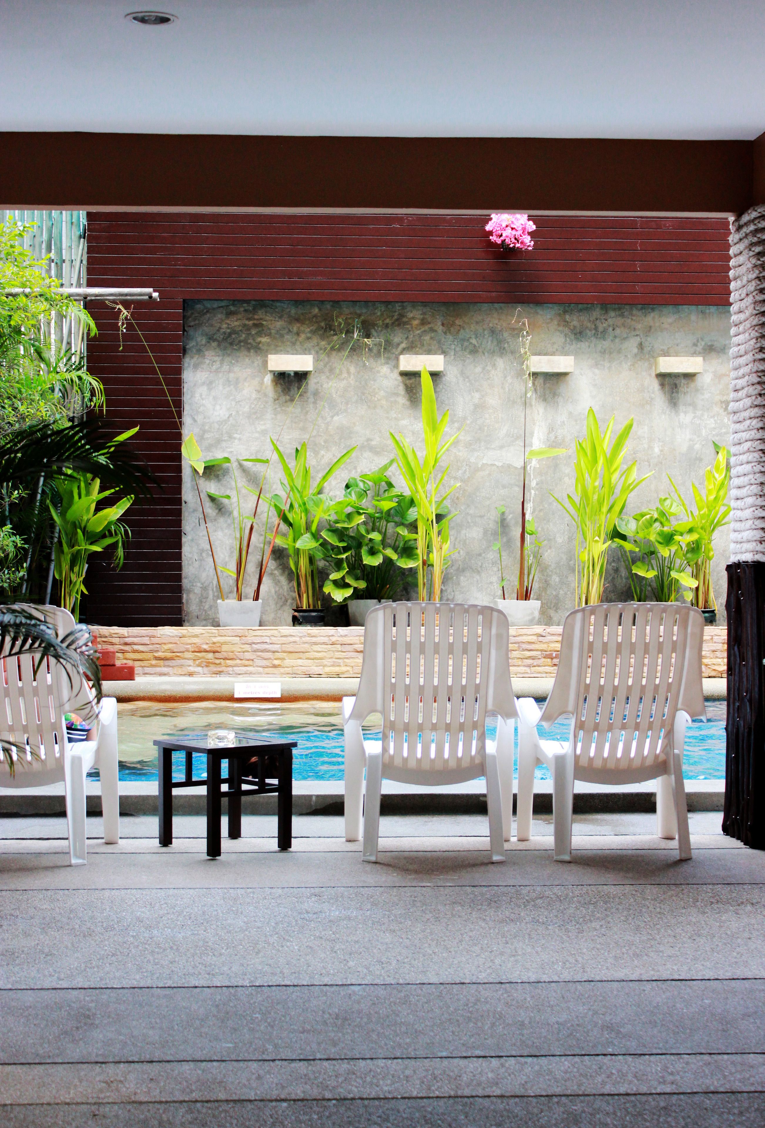 Un espace aménagé au bord de la piscine, avec des chaises longues blanches, une petite table et des plantes en pot disposées contre un mur.