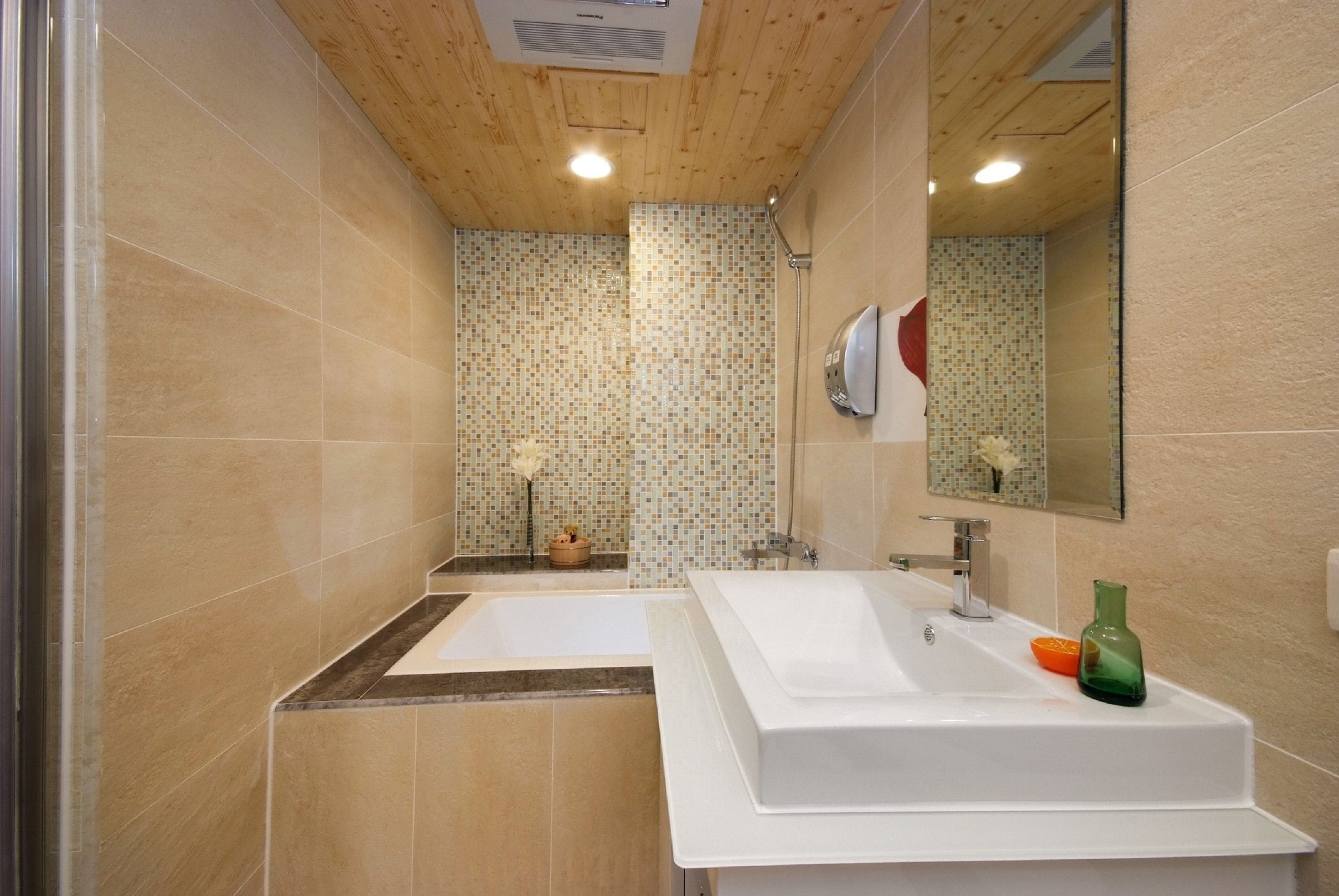 combined shower/bathtub, deep-soaking bathtub, hair dryer, slippers