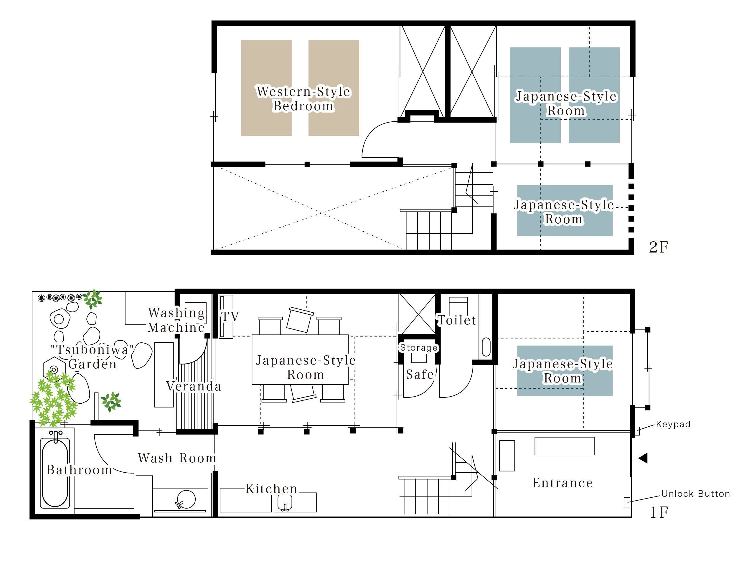A floor plan of a hotel with Western-style and Japanese-style rooms, a washroom, kitchen, and a garden area.