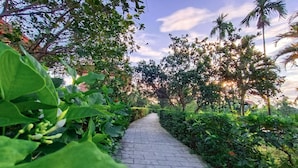 A paved pathway surrounded by lush greenery and palm trees. - Hue Riverside Boutique Resort & Spa (Hue)