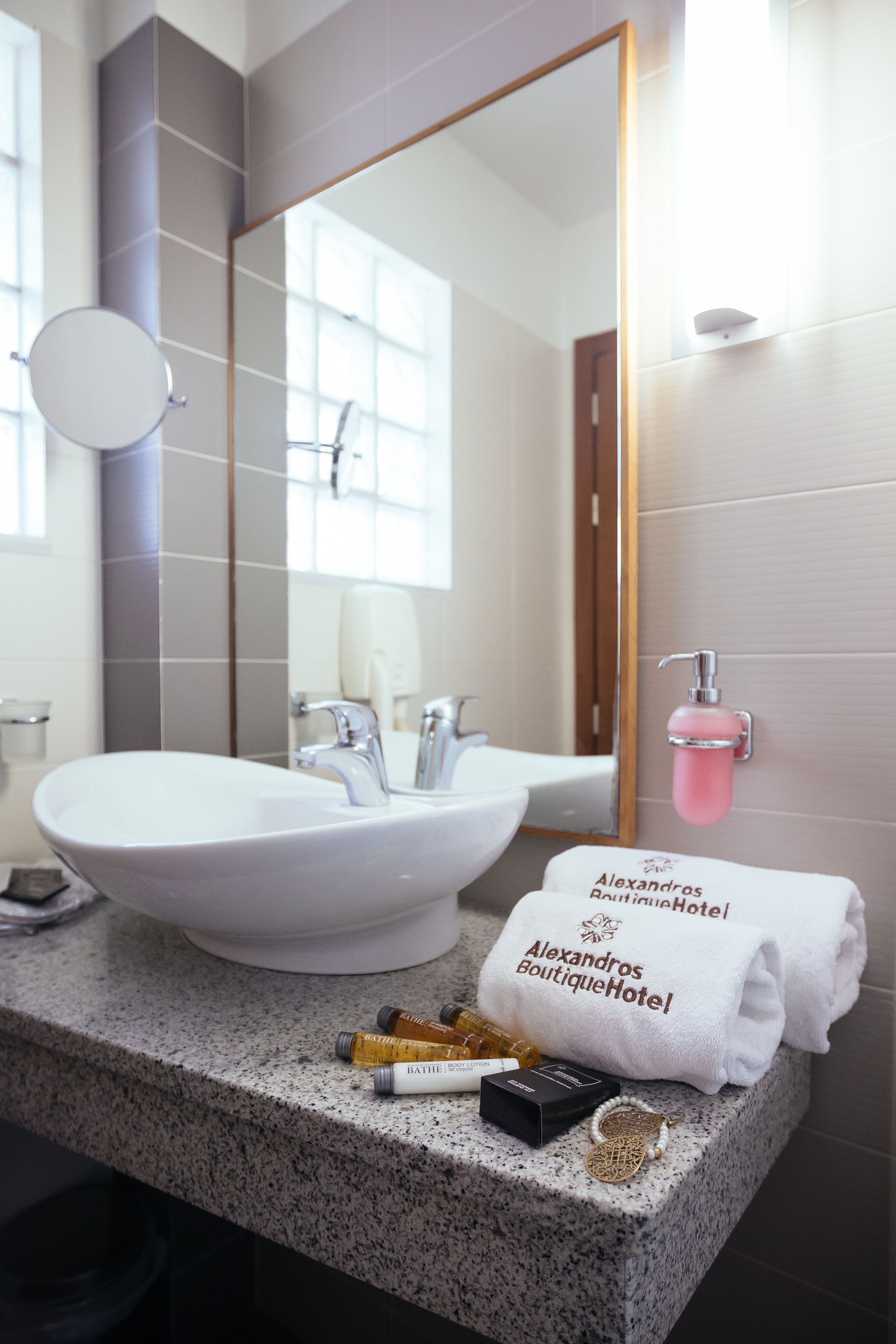 shower, hydromassage showerhead, designer toiletries, hair dryer