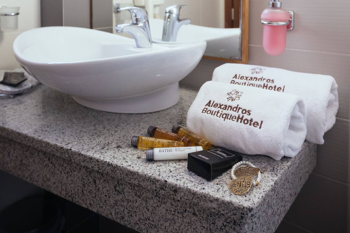 shower, hydromassage showerhead, designer toiletries, hair dryer