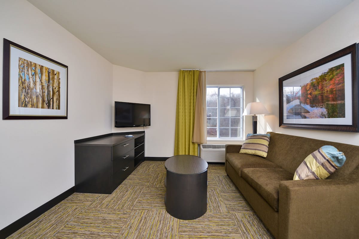 Ein Hotelzimmer mit Flachbildfernseher, einer Couch, einem Schreibtisch mit Schubladen, einem Mülleimer und zwei gerahmten Bildern an den Wänden.