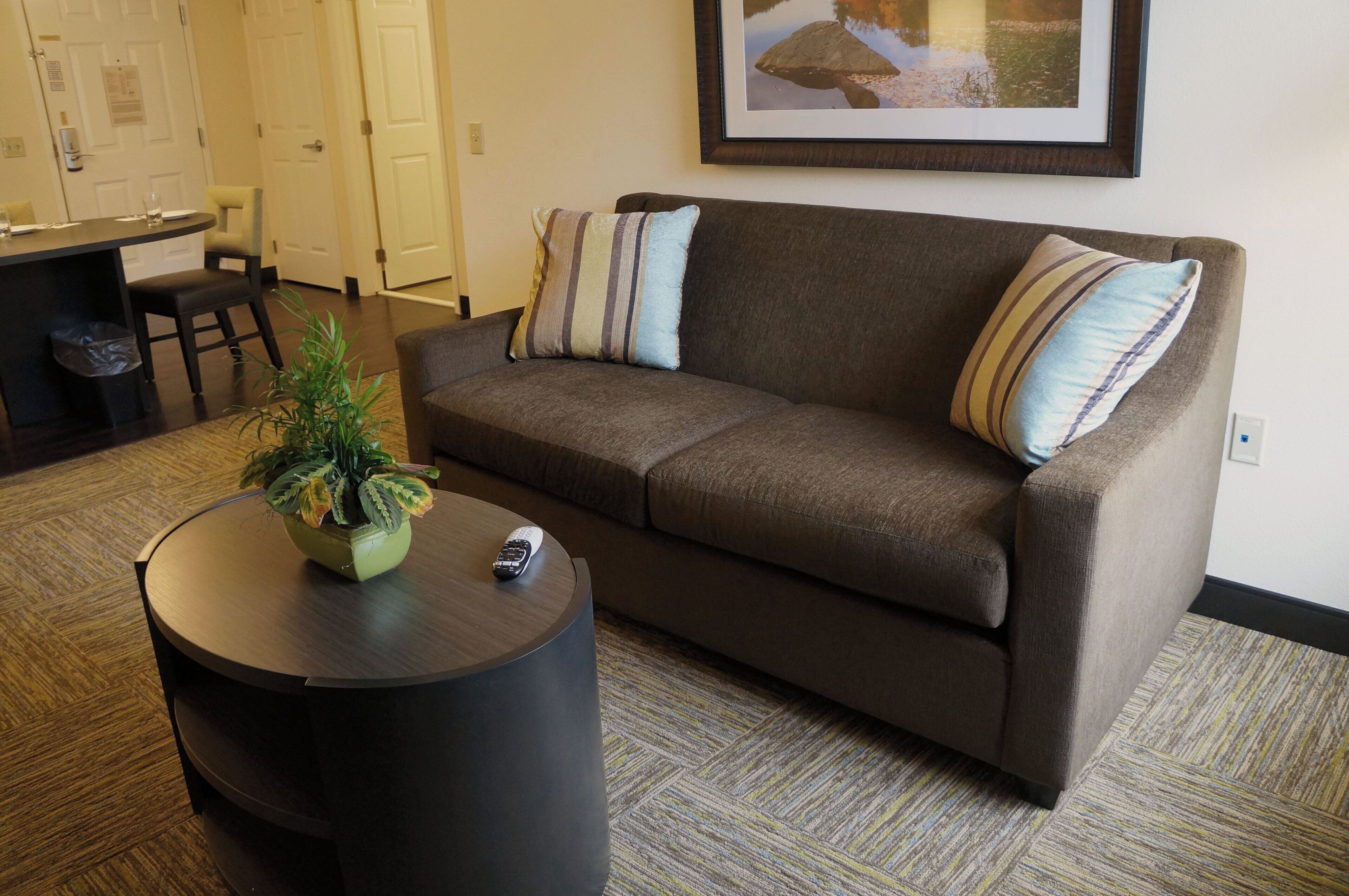 A living room with a brown sofa, striped pillows, a small round table with a plant and a remote control, and a framed picture on the wall.