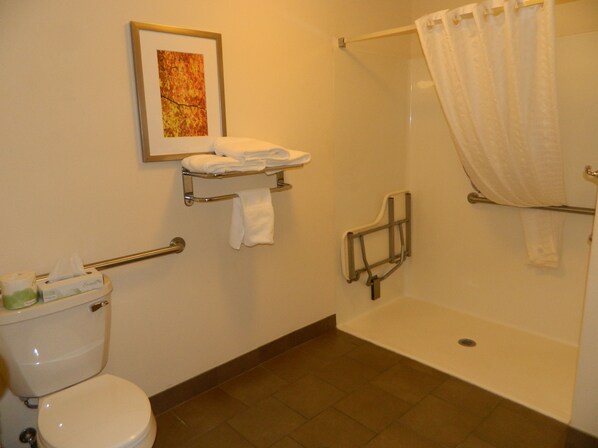 A bathroom with a toilet, a shower with a glass door, a towel rack, and a framed picture on the wall.