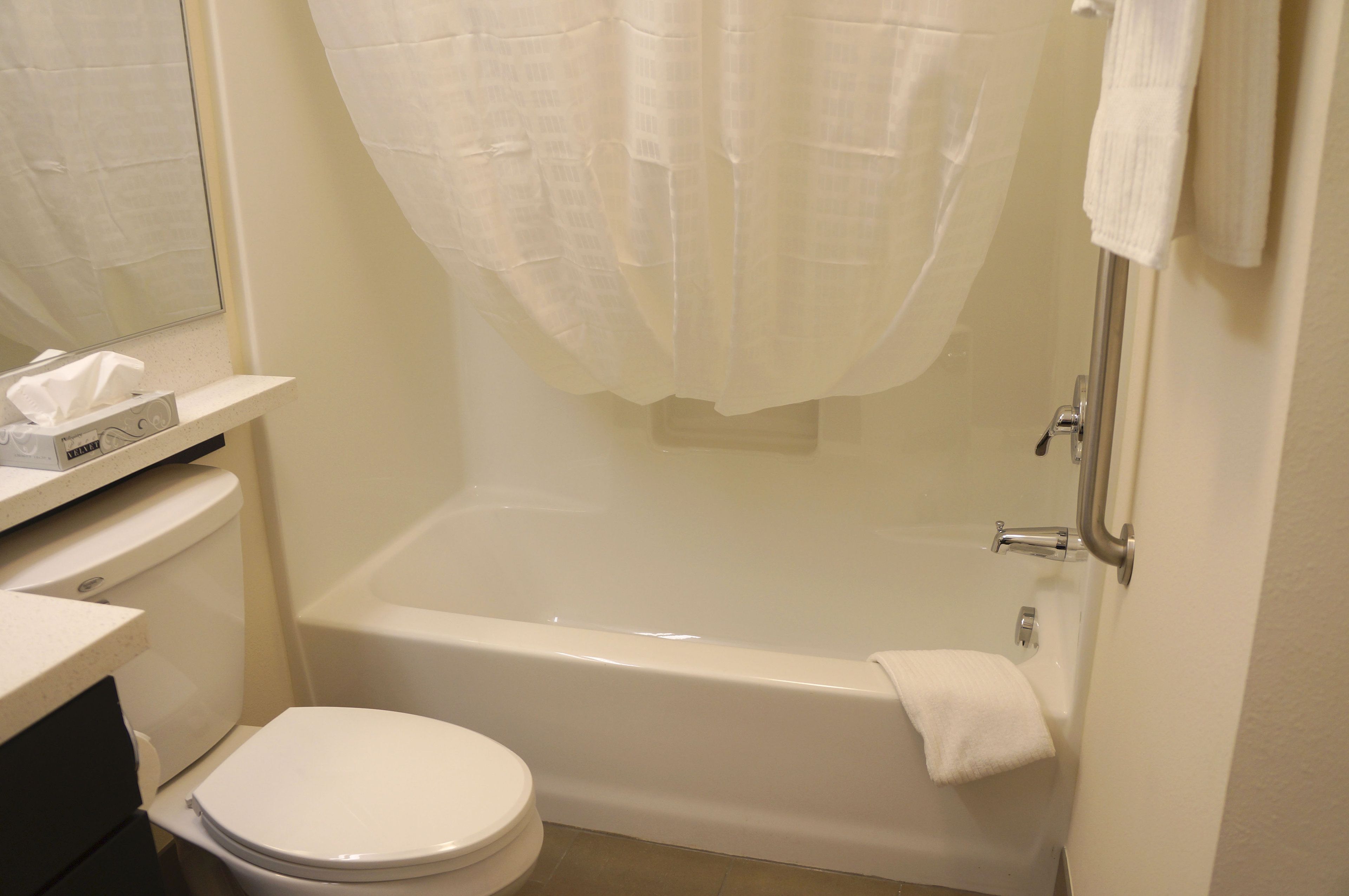 combined shower/bathtub, free toiletries, hair dryer, towels