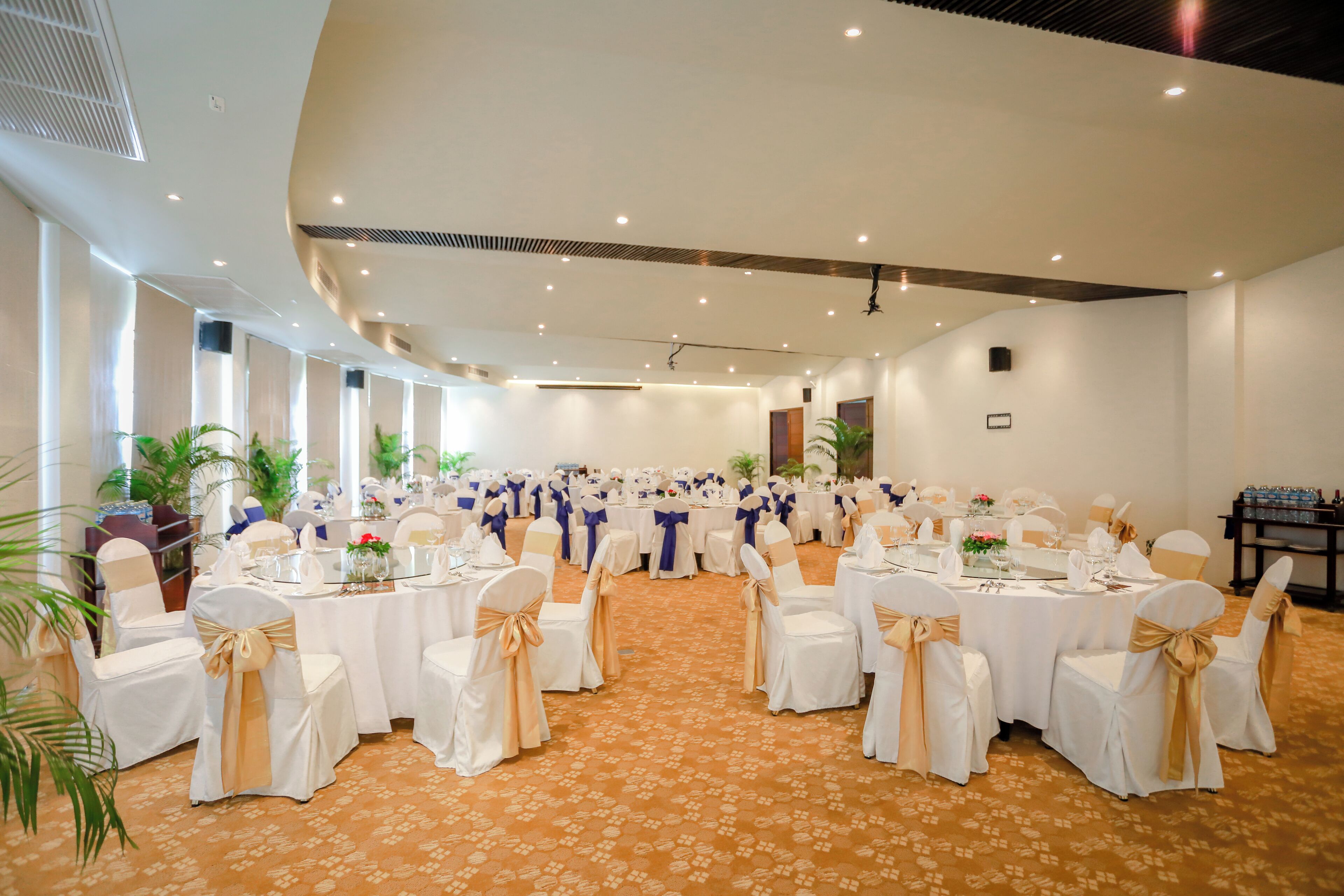 Un salón de banquetes con mesas redondas, sillas blancas con cintas doradas y una alfombra estampada.