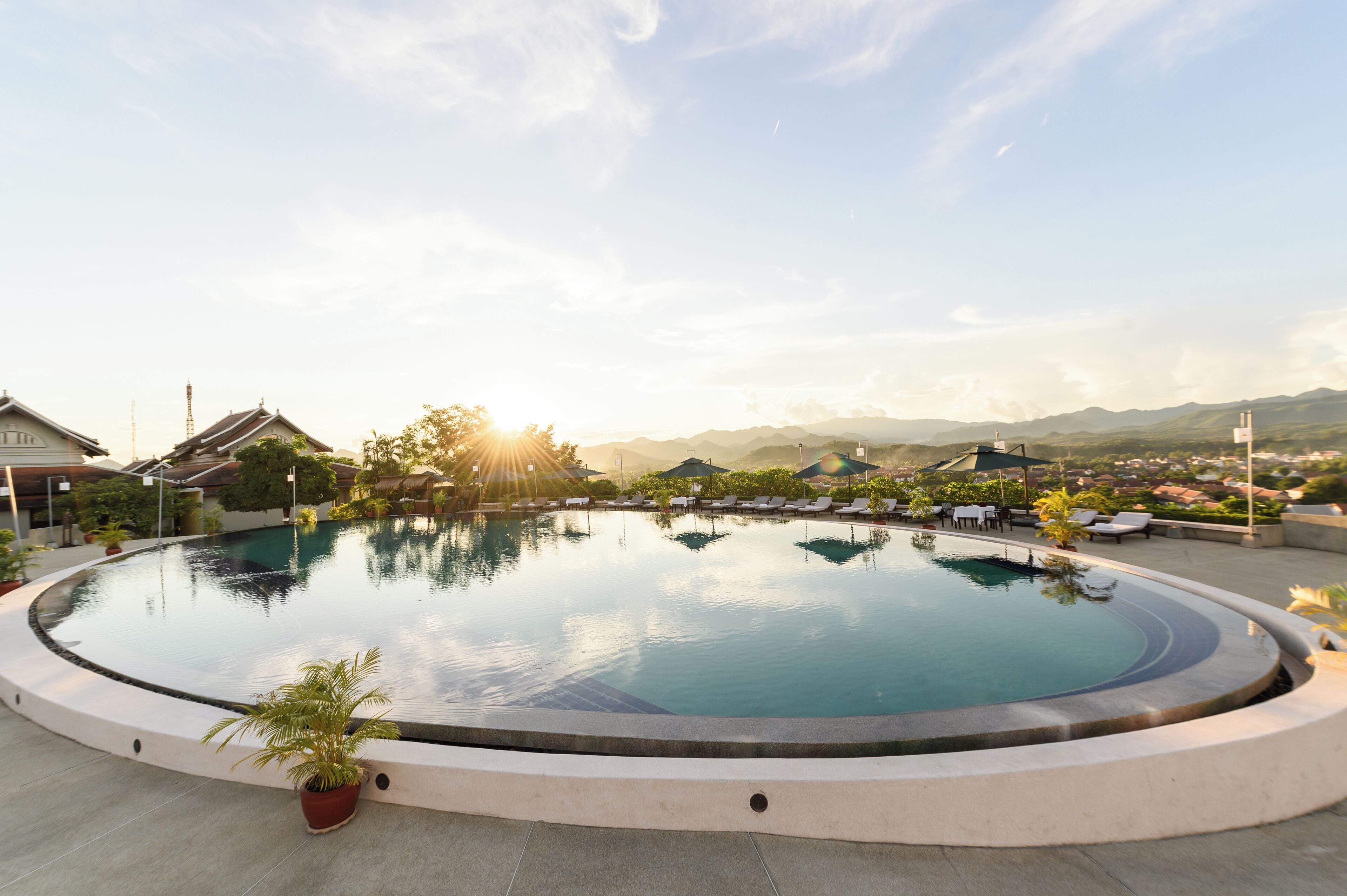 Outdoor pool, pool umbrellas, pool loungers