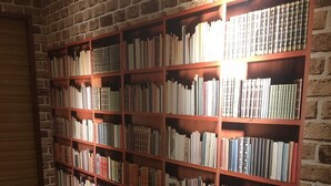A library with tall bookshelves filled with books, a potted plant, and a brick wall. - Golden Hotel (New Taipei City)