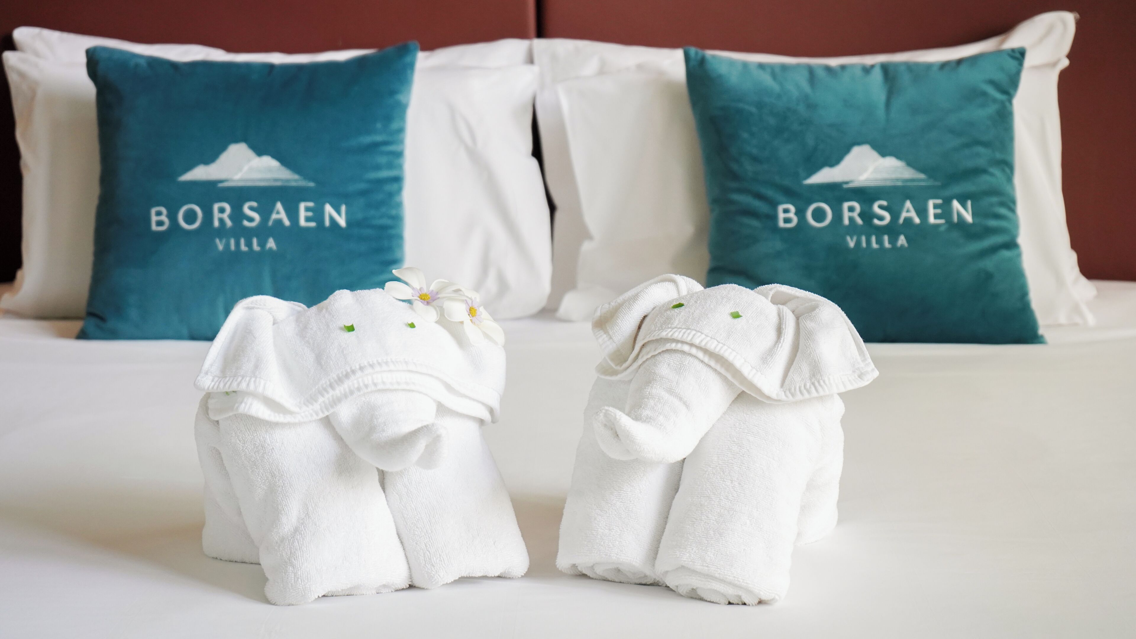 Twee witte handdoeken met groene accenten op een bed met twee kussens met de tekst 'BORSAAEN VILLA'.