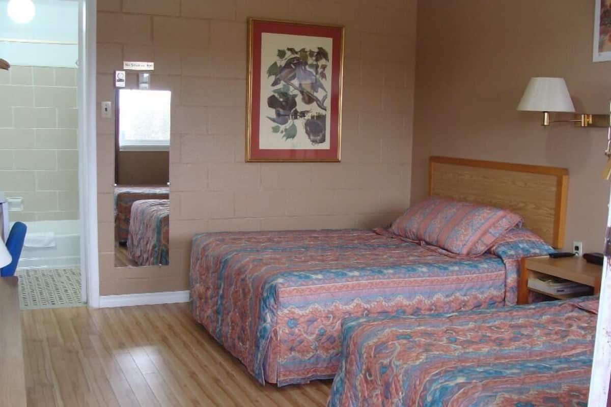 Ein Schlafzimmer mit zwei Betten, Holzboden, einem Spiegel, einem gerahmten Kunstwerk und einem Nachttisch mit Lampe.