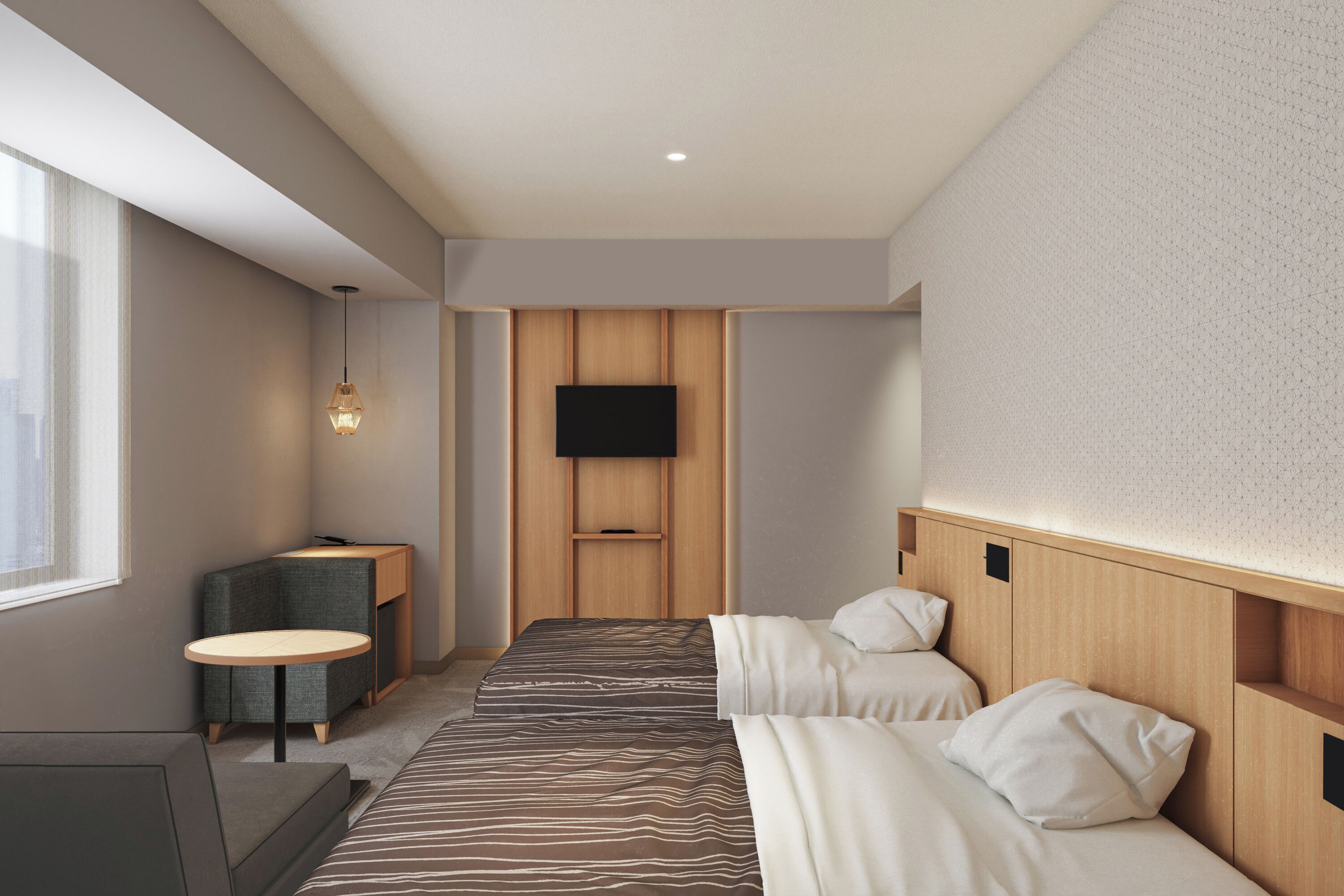 A modern hotel room with a large bed, a small desk, a TV mounted on the wall, and a window providing natural light.