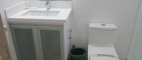 A bathroom with a white sink, a toilet, and a green trash bin.