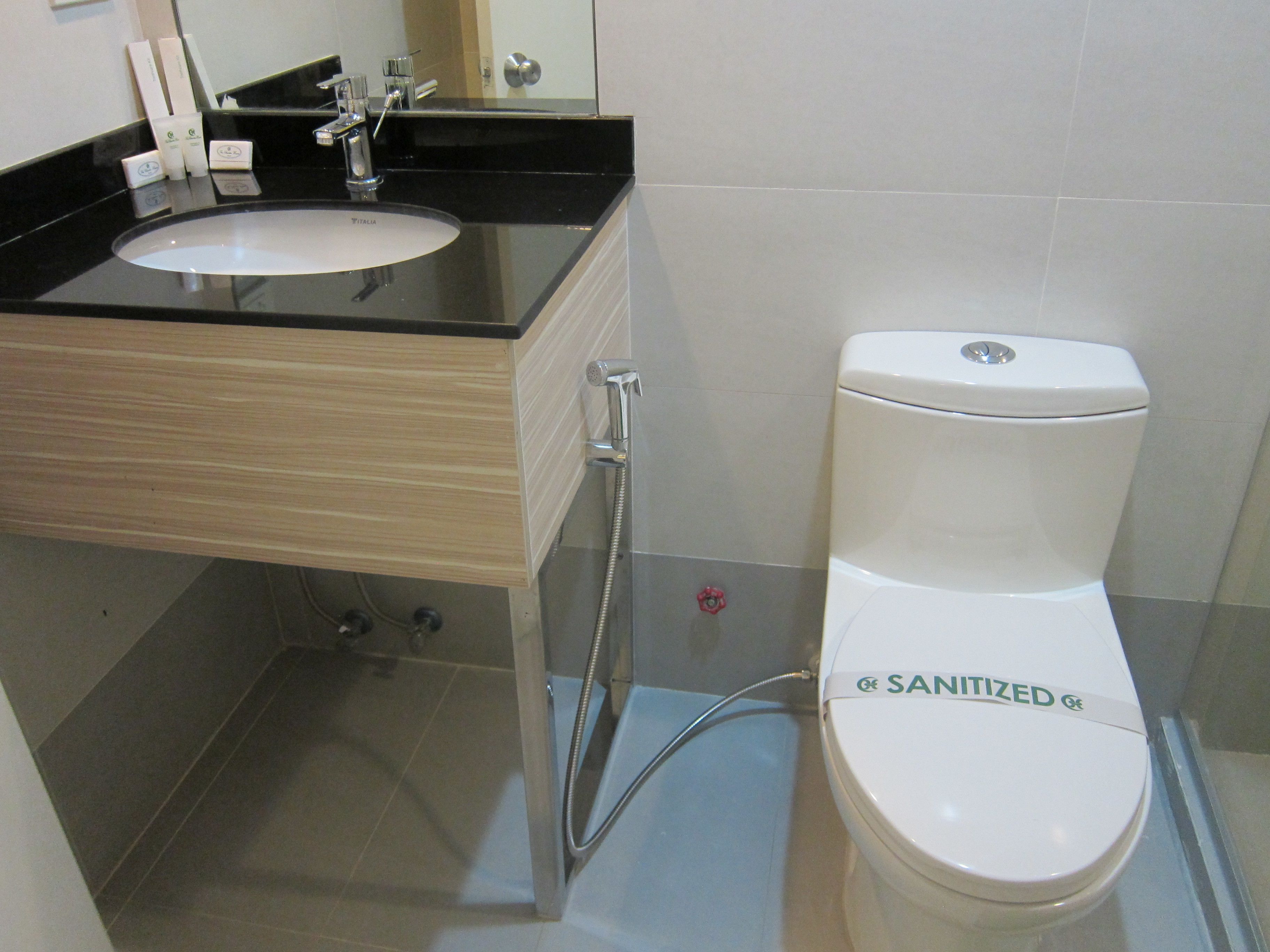 Een badkamer met een wit toilet, een zwarte wastafel en een spiegel erboven.
