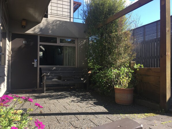 Un patio con un banco de madera, una planta en maceta y un camino de grava.