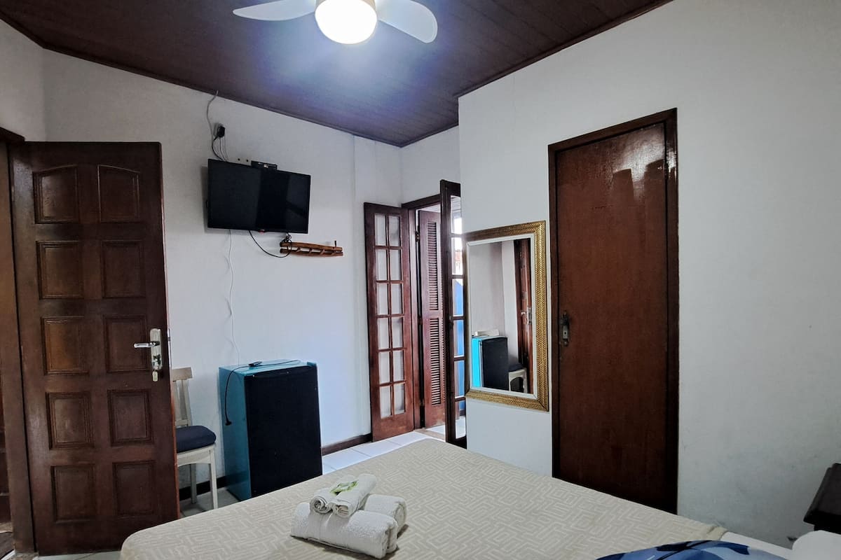 A bedroom with a bed, a ceiling fan, a television, a mirror, and a door.