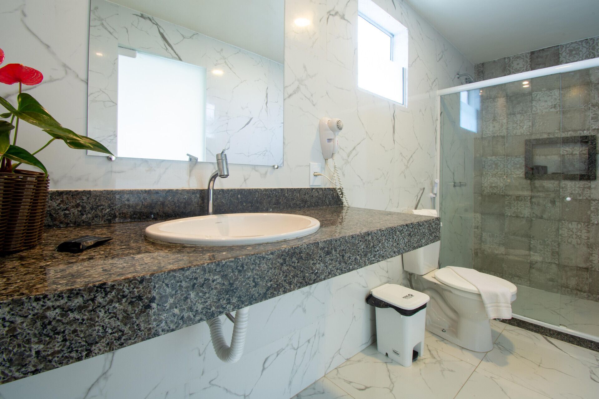 bathroom | shower, hair dryer, bidet, towels