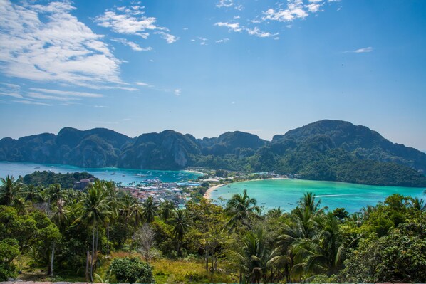 Paisagem costeira com montanhas, uma praia e palmeiras.